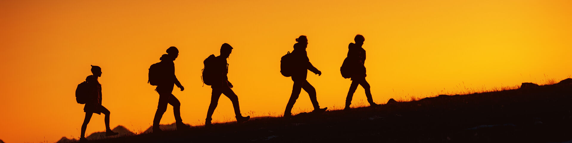 five persons walking at sunset