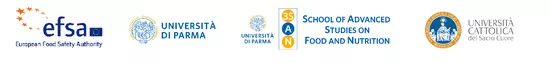 summer school partners logos, from left to right European Food Safety Authority (EFSA), the University of Parma, the School of Advanced Studies on Food and Nutrition, and the Catholic University of the Sacred Heart