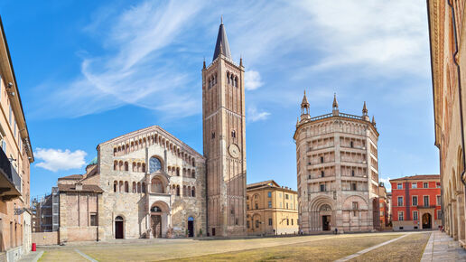 Panorama of Piazza Duomo with Cathedral and Baptistery, Parma, Emilia-Romagna, Italy